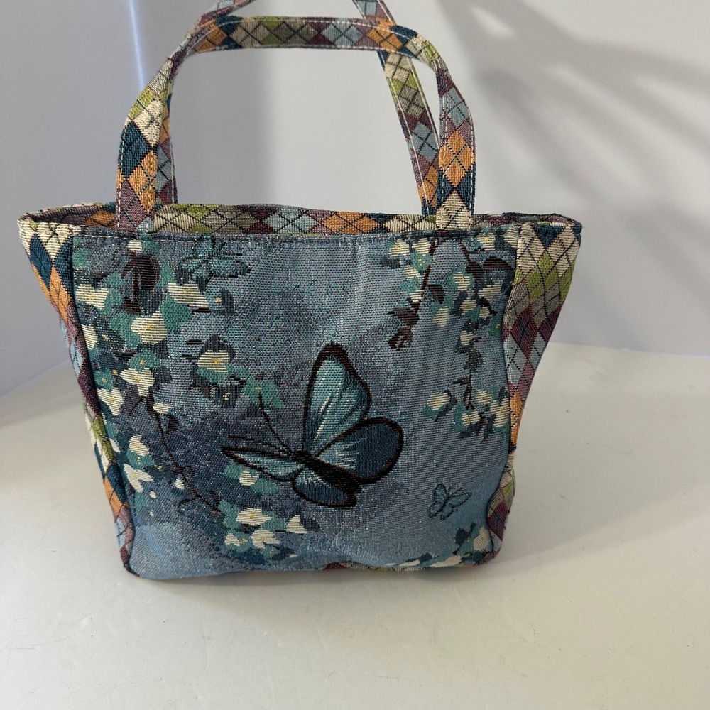 Butterfly Tapestry Mini Tote Bag Argyle Blue Floral Metallic Woven Handbag